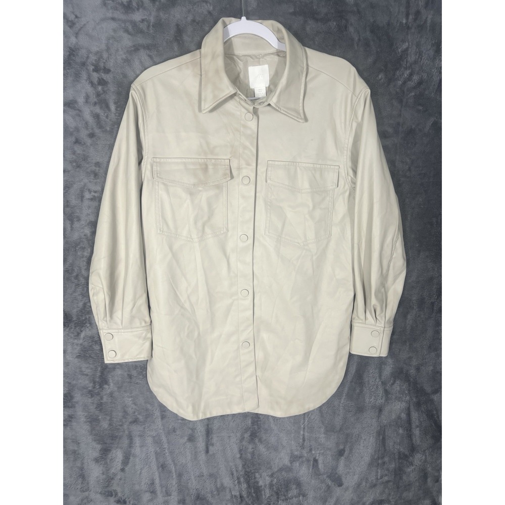 HM Cream Faux Leather Shirt Jacket Shacket Snap Front Pockets Beige Small